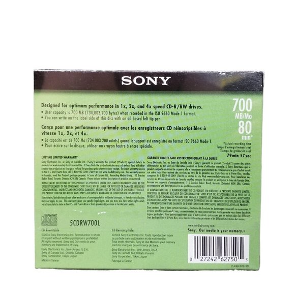 Sony CD - RW 5 Pack Blank Discs 700MB 80 Min Rewritable 5CDRW700L New, Sealed - Picture 2 of 15